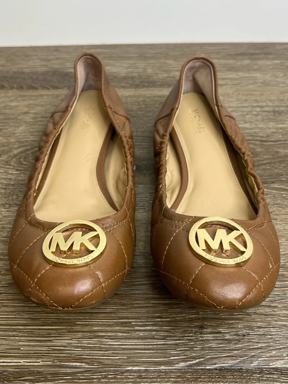 Michael Kors Quilted Leather Ballet Flats Brown Gold Logo | Women’s 8.5